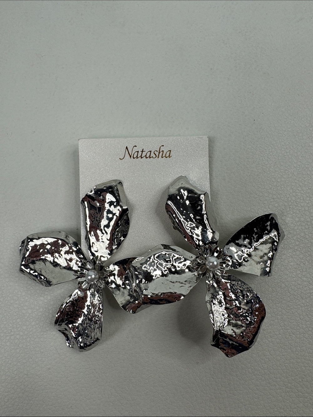 Natasha Couture Large Silver Metallic Flower statement earrings New NWT